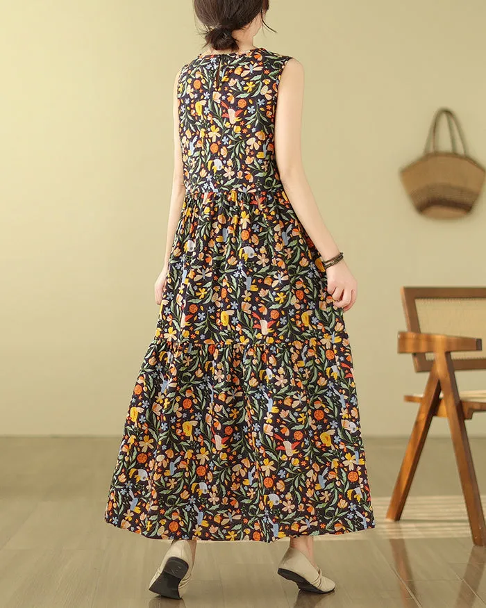 ellazhu Women's Sleeveless Maxi Length Boho Floral Print Color Block Dress GA2731