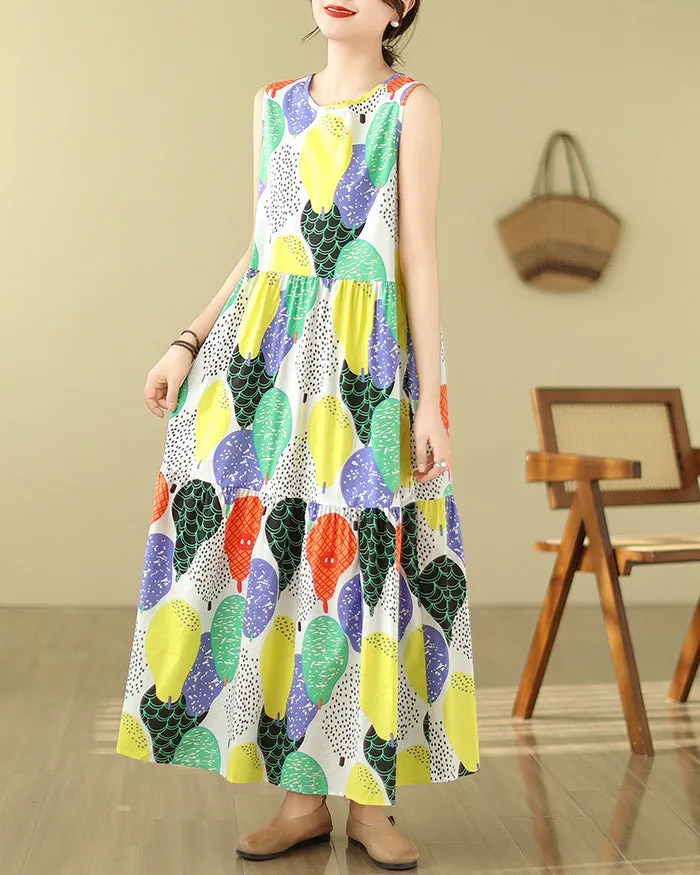 ellazhu Women's Sleeveless Maxi Length Boho Floral Print Color Block Dress GA2731
