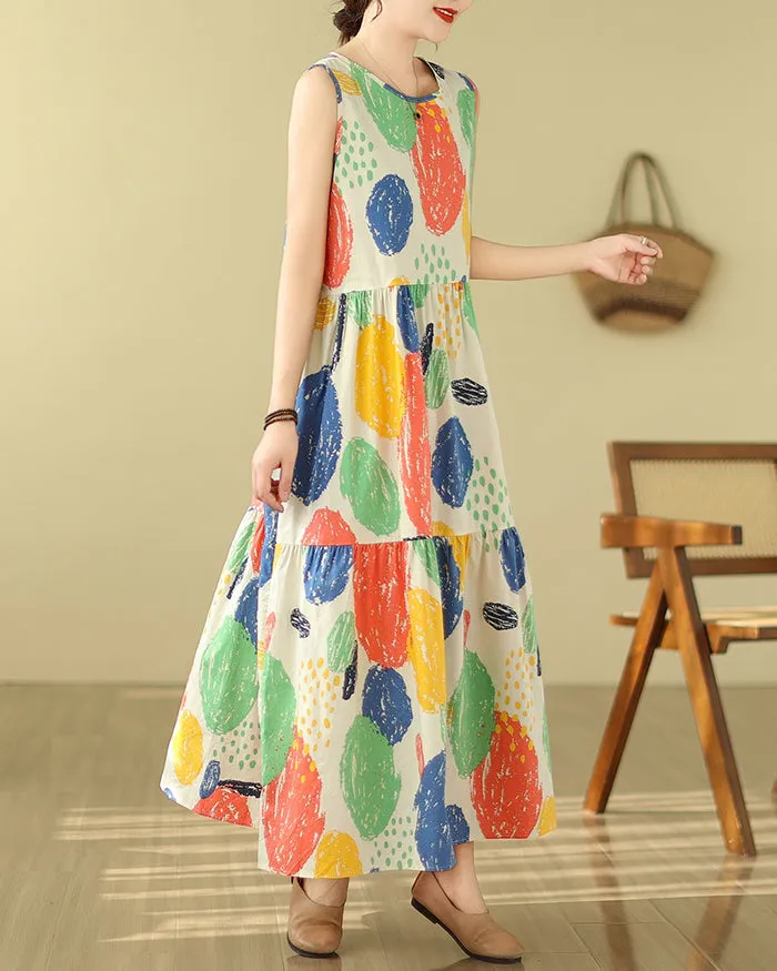 ellazhu Women's Sleeveless Maxi Length Boho Floral Print Color Block Dress GA2731