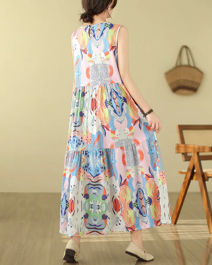 ellazhu Women's Sleeveless Maxi Length Boho Floral Print Color Block Dress GA2731