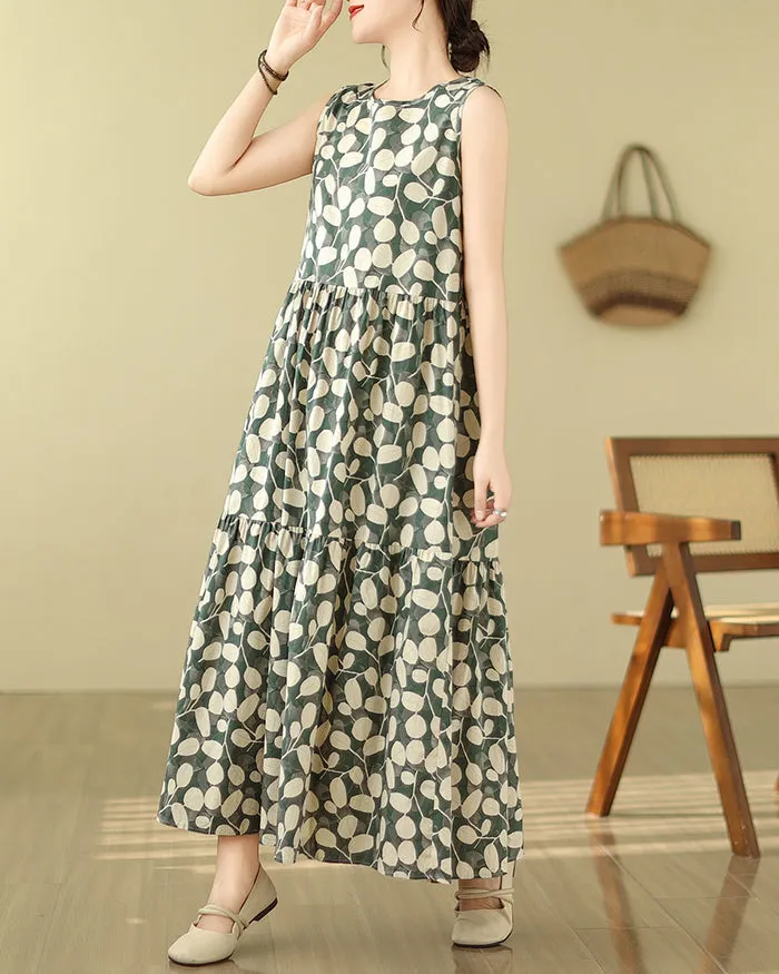 ellazhu Women's Sleeveless Maxi Length Boho Floral Print Color Block Dress GA2731