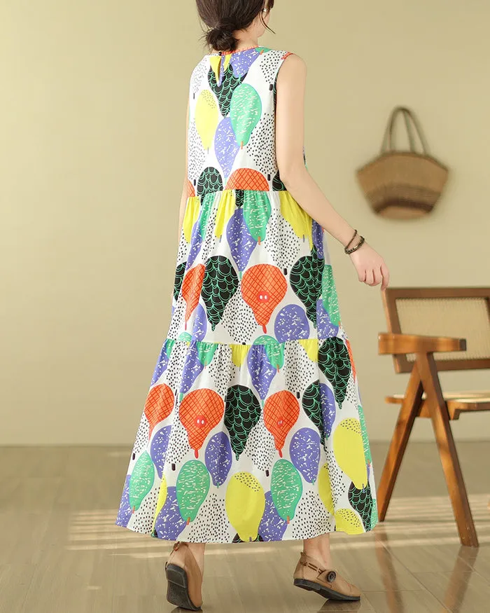ellazhu Women's Sleeveless Maxi Length Boho Floral Print Color Block Dress GA2731
