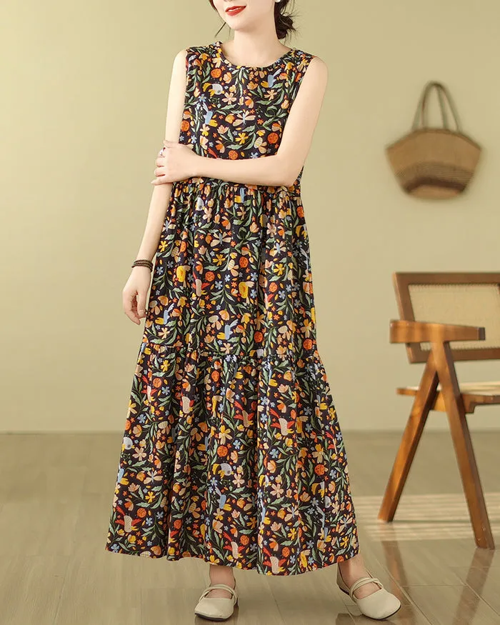 ellazhu Women's Sleeveless Maxi Length Boho Floral Print Color Block Dress GA2731