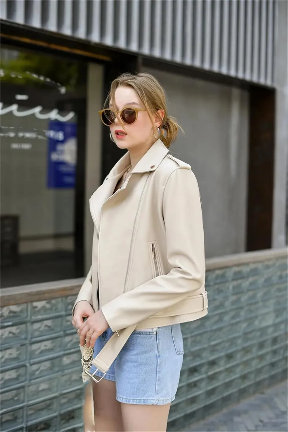 ERFMFKL Women's Solid Classic Long Sleeves Jacket Belt Motorcycle Jacket Oversized Faux Leather Jacket