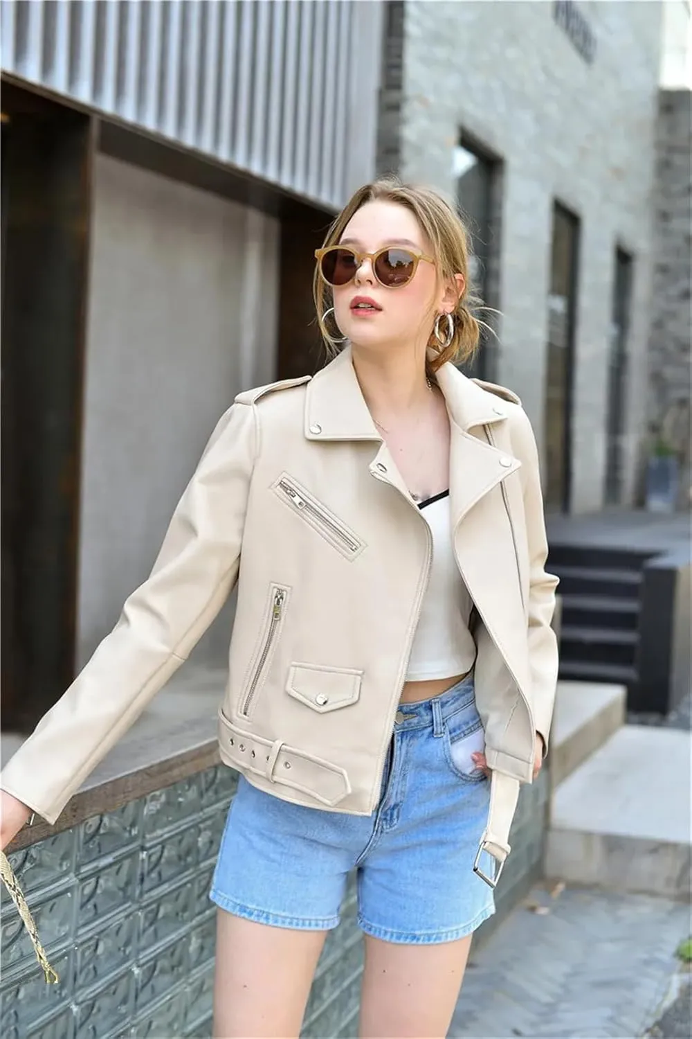 ERFMFKL Women's Solid Classic Long Sleeves Jacket Belt Motorcycle Jacket Oversized Faux Leather Jacket