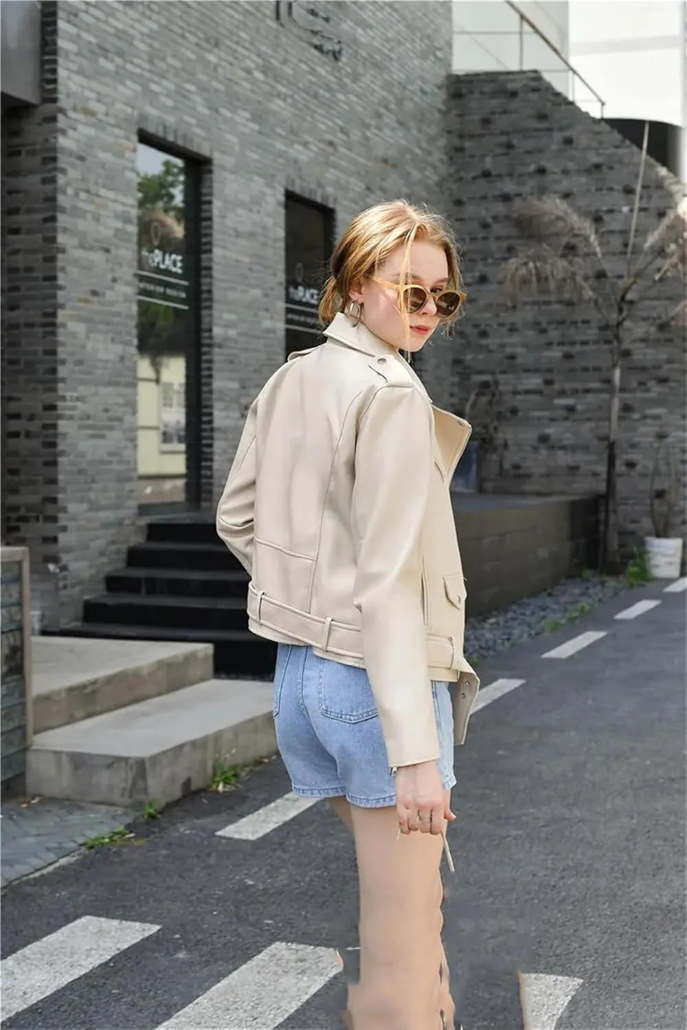 ERFMFKL Women's Solid Classic Long Sleeves Jacket Belt Motorcycle Jacket Oversized Faux Leather Jacket