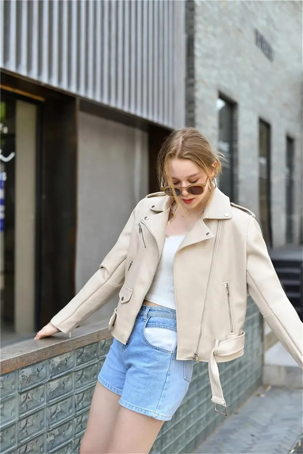 ERFMFKL Women's Solid Classic Long Sleeves Jacket Belt Motorcycle Jacket Oversized Faux Leather Jacket