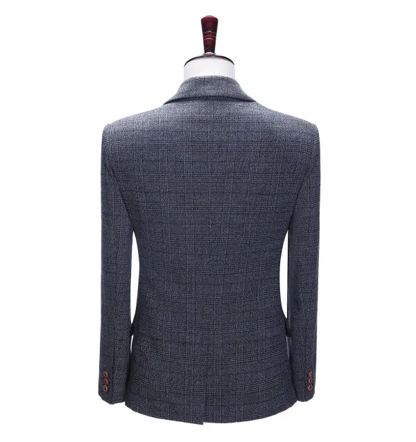 Formal Men's Business Navy Plaid Notch Lapel Blazer