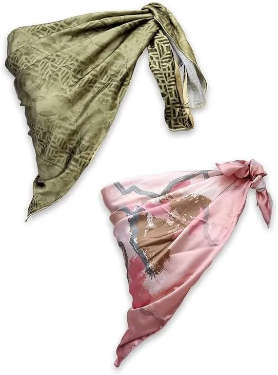 Four Leaf Women's Polyester Satin Silk Square Printed Scarf Pack of 2