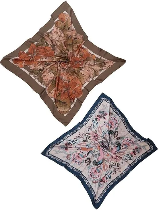 Four Leaf Women's Polyester Satin Silk Square Printed Scarf Pack of 2