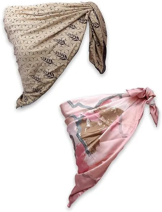 Four Leaf Women's Polyester Satin Silk Square Printed Scarf Pack of 2