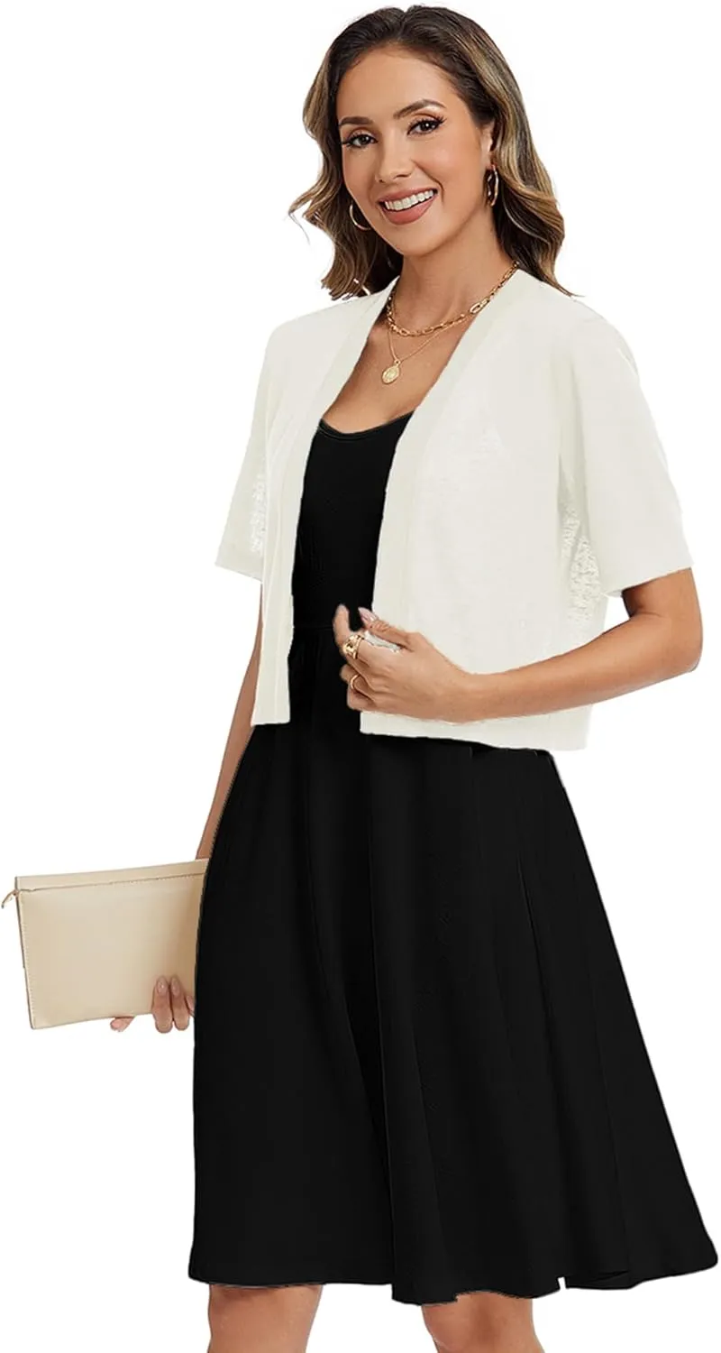 Heymoments Women's Thin Shrugs Short Sleeve Lightweight Cropped Tops Open Front Knitted Cardigan for Dress Summer Bolero