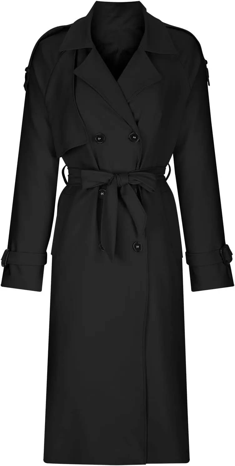 HGps8w Women Classic Trench Coat Windproof Lapel Double Breasted Long Overcoat with Belt and Pockets