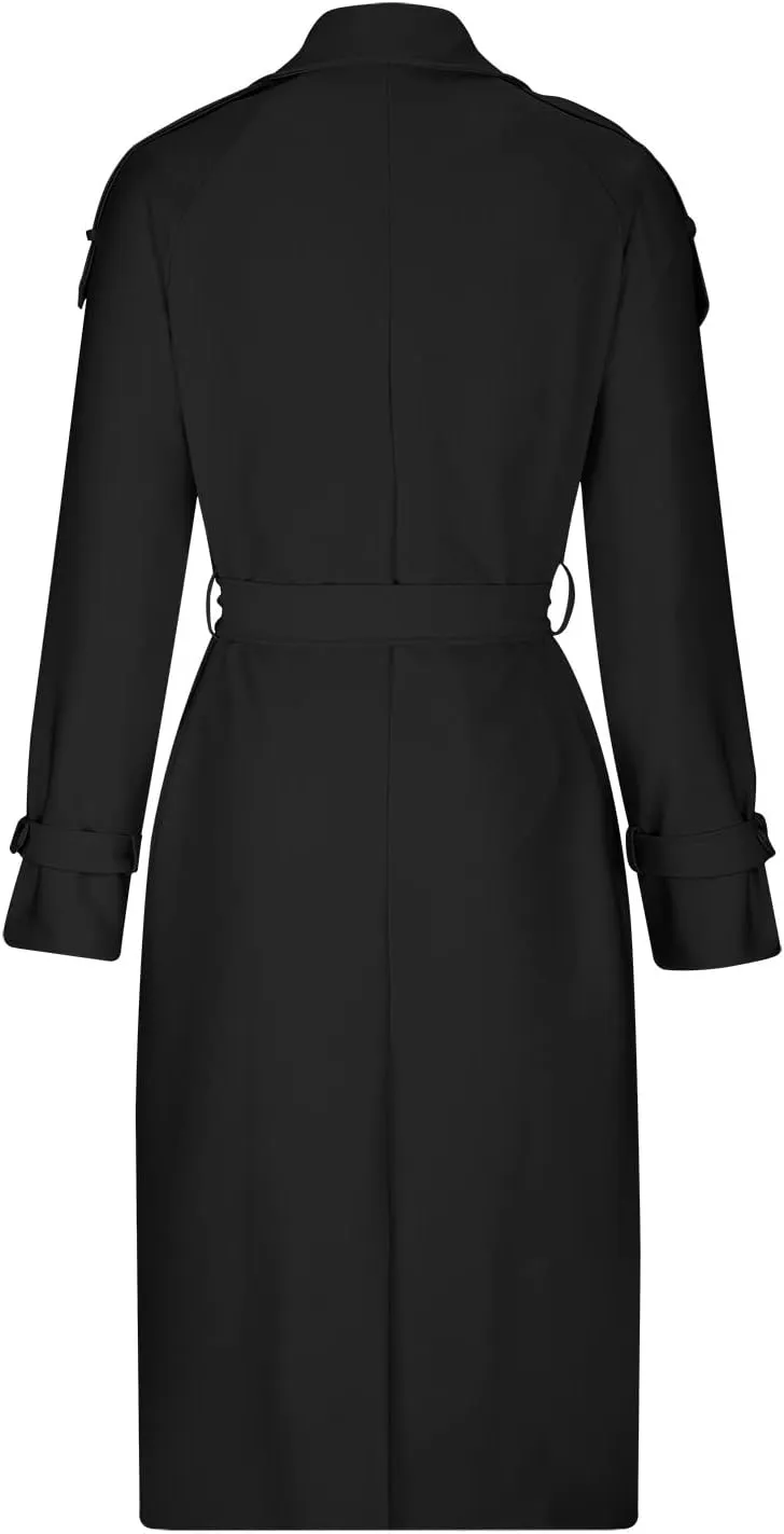 HGps8w Women Classic Trench Coat Windproof Lapel Double Breasted Long Overcoat with Belt and Pockets