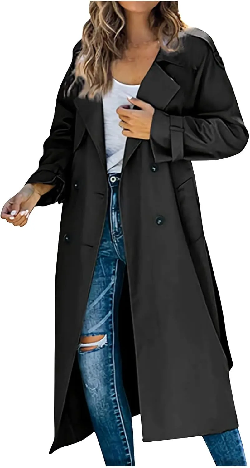HGps8w Women Classic Trench Coat Windproof Lapel Double Breasted Long Overcoat with Belt and Pockets
