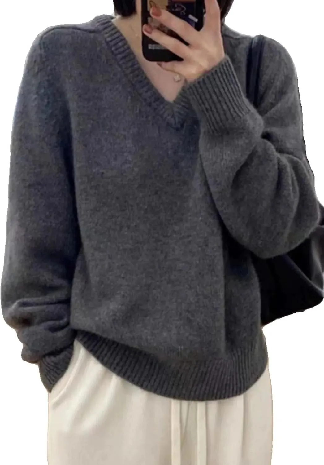 Hgvcfcv Cashmere Sweater Women Autumn and Winter Loose Soft V-Neck Bottom Sweater Knit Jumper