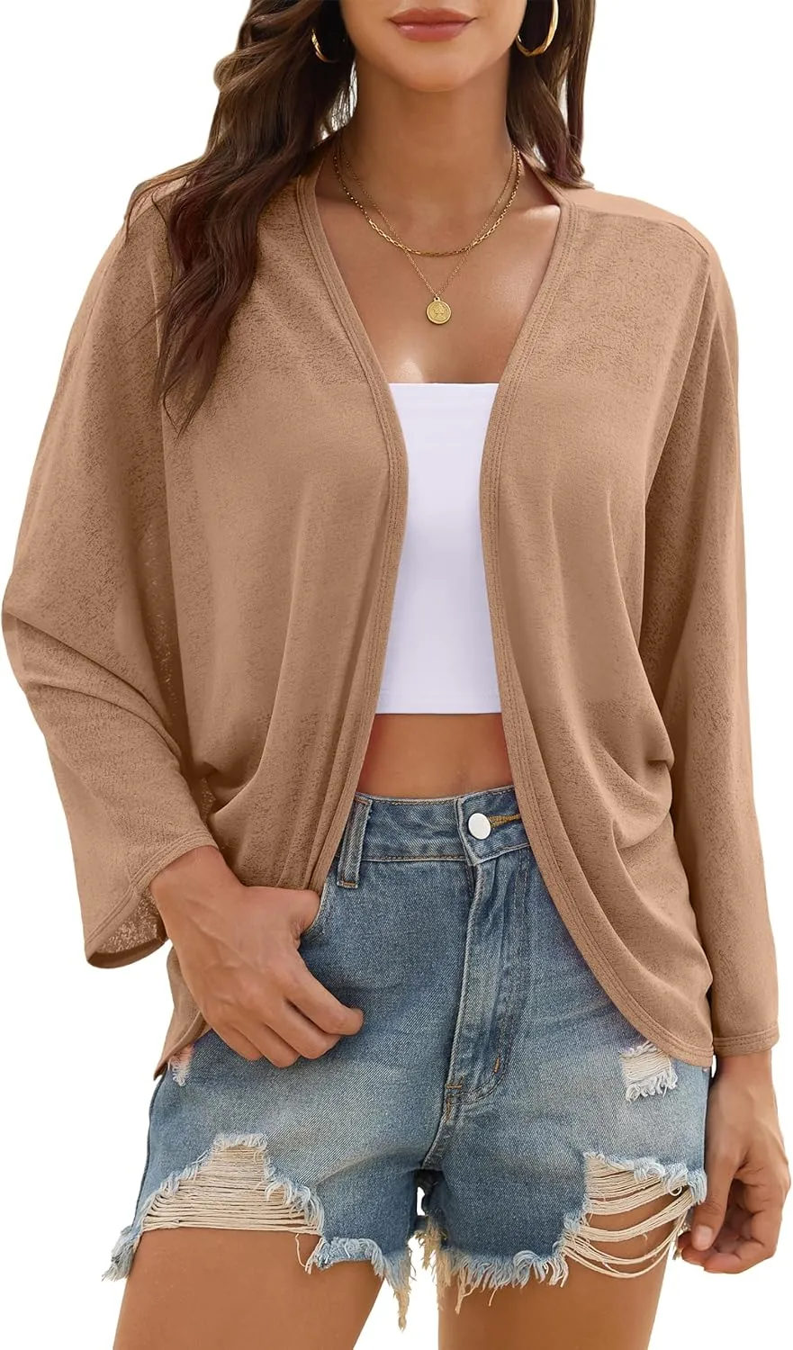 Iandroiy Women’s Open Front 3/4 Sleeve Batwing Cardigan Lightweight Summer Kimono Cover Ups