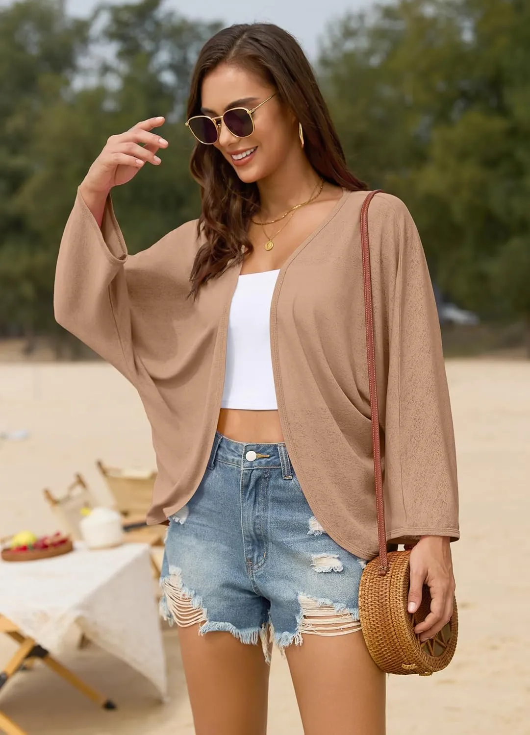 Iandroiy Women’s Open Front 3/4 Sleeve Batwing Cardigan Lightweight Summer Kimono Cover Ups