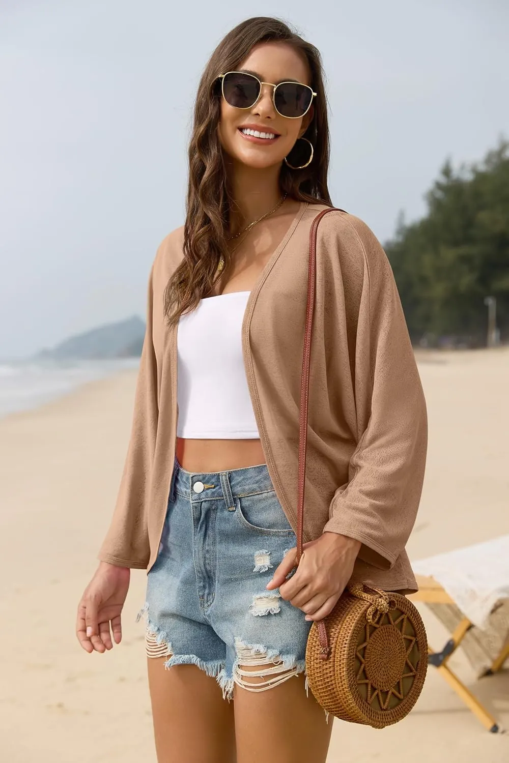 Iandroiy Women’s Open Front 3/4 Sleeve Batwing Cardigan Lightweight Summer Kimono Cover Ups