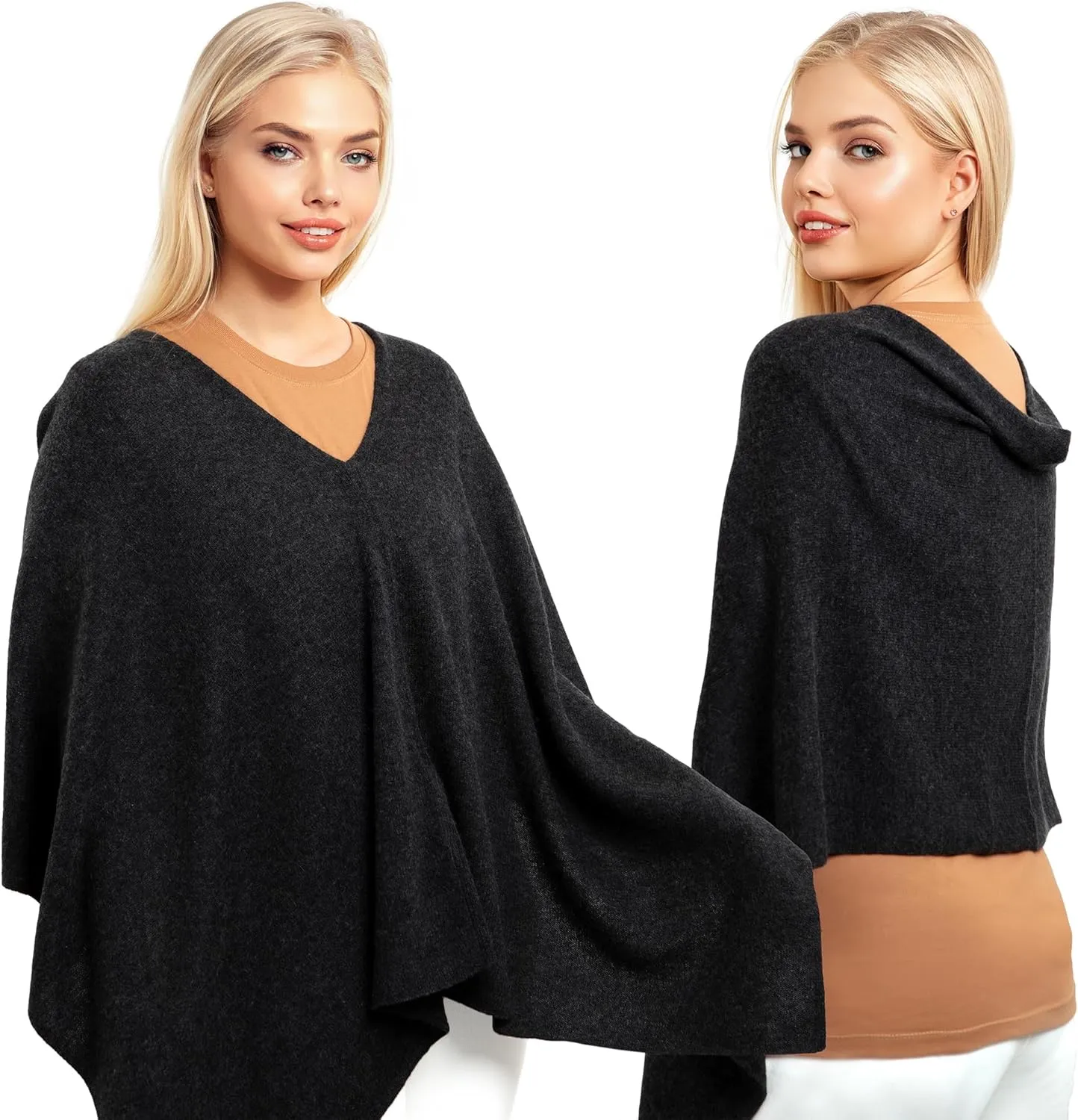 InCashmere 100% Pure Cashmere Women Poncho Sweater - Lightweight Warm Knitted Shawl Wrap - All Year Round Dress Topper Gift