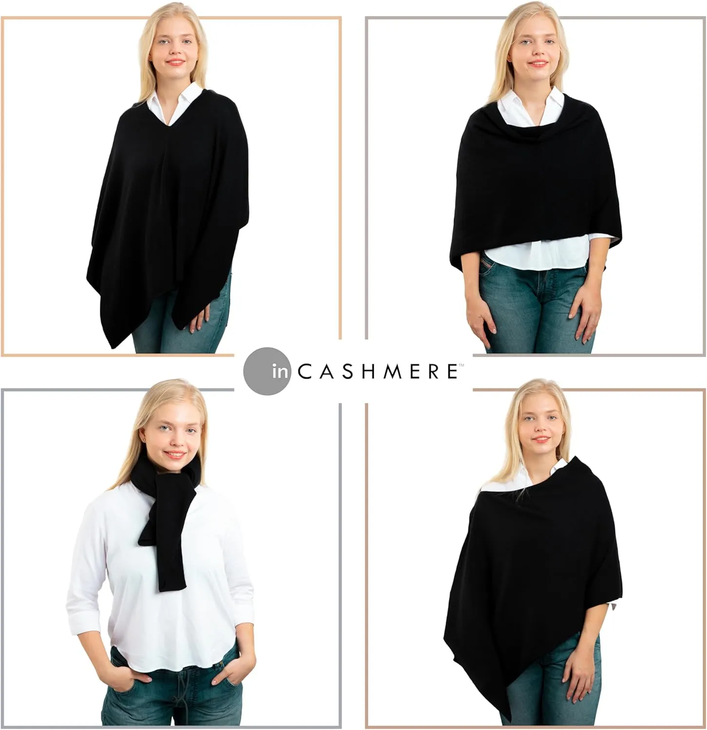 InCashmere 100% Pure Cashmere Women Poncho Sweater - Lightweight Warm Knitted Shawl Wrap - All Year Round Dress Topper Gift