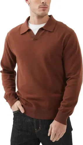 Kallspin Men's Knit Polo Sweater Regular Fit V Neck Cotton Long Sleeve Soft Classic Sweater Pullover