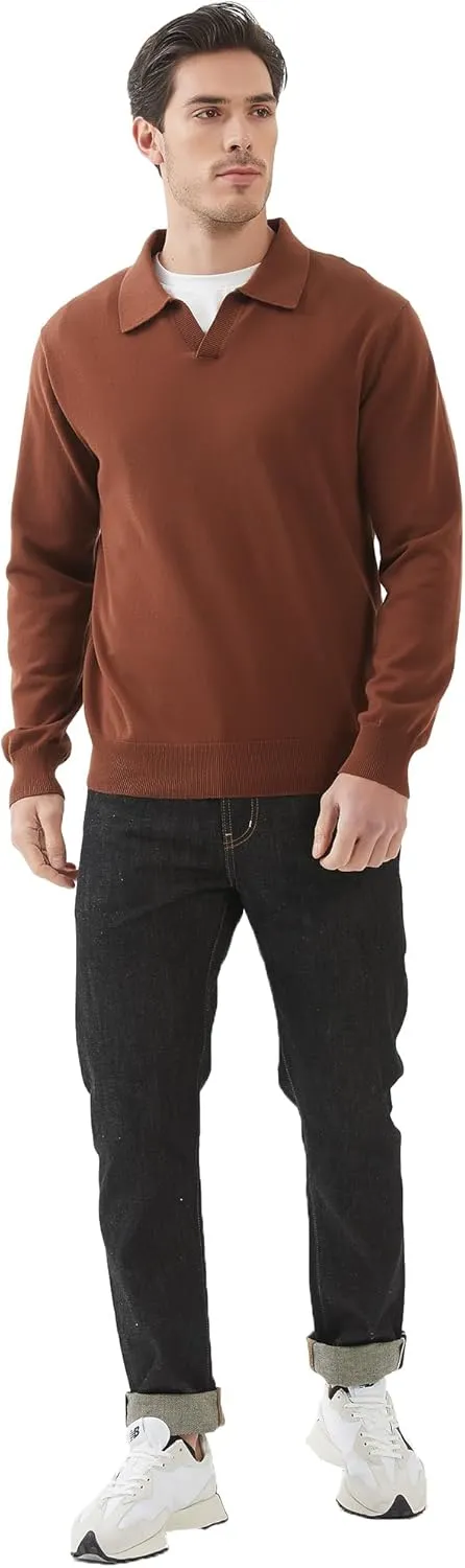 Kallspin Men's Knit Polo Sweater Regular Fit V Neck Cotton Long Sleeve Soft Classic Sweater Pullover