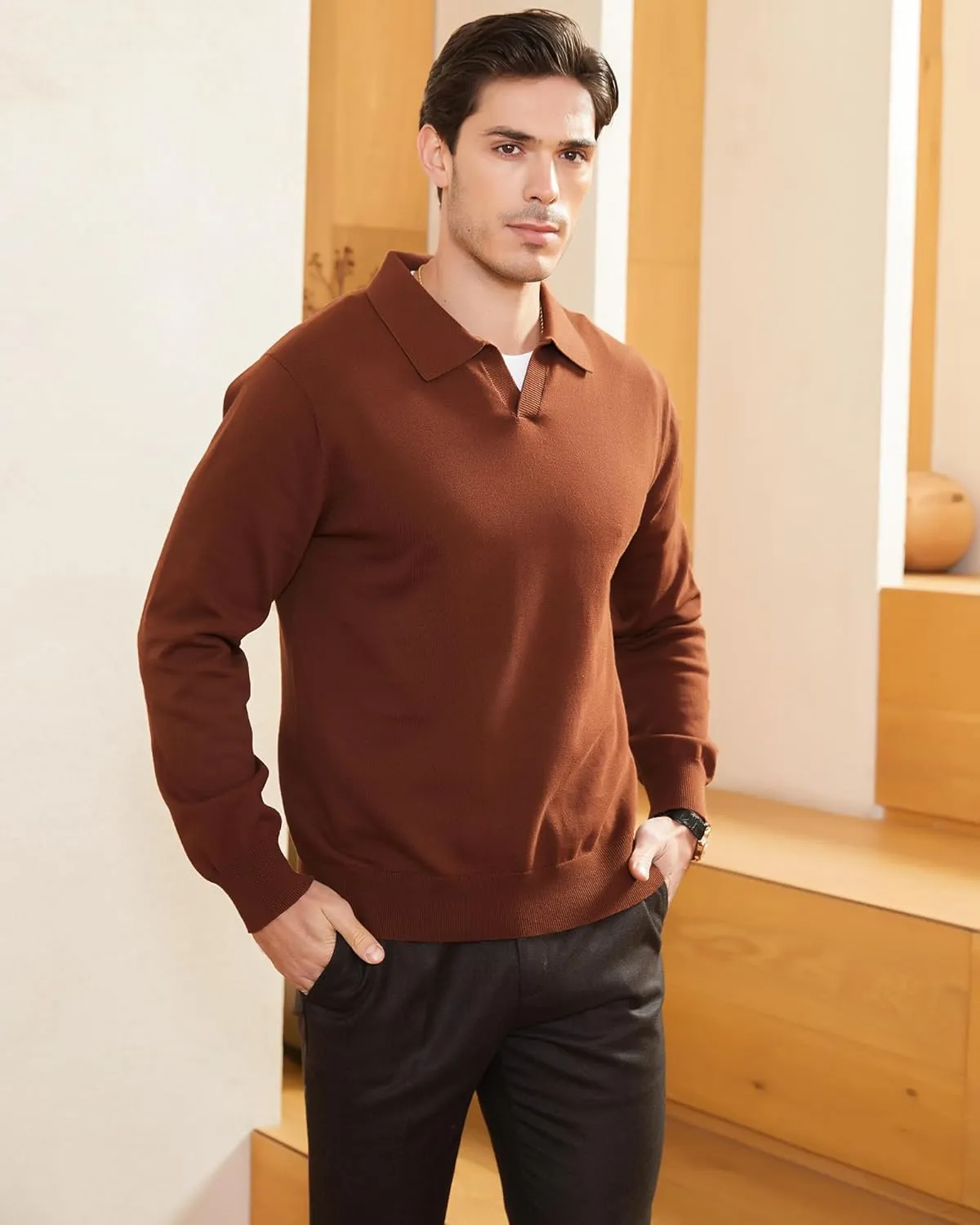 Kallspin Men's Knit Polo Sweater Regular Fit V Neck Cotton Long Sleeve Soft Classic Sweater Pullover