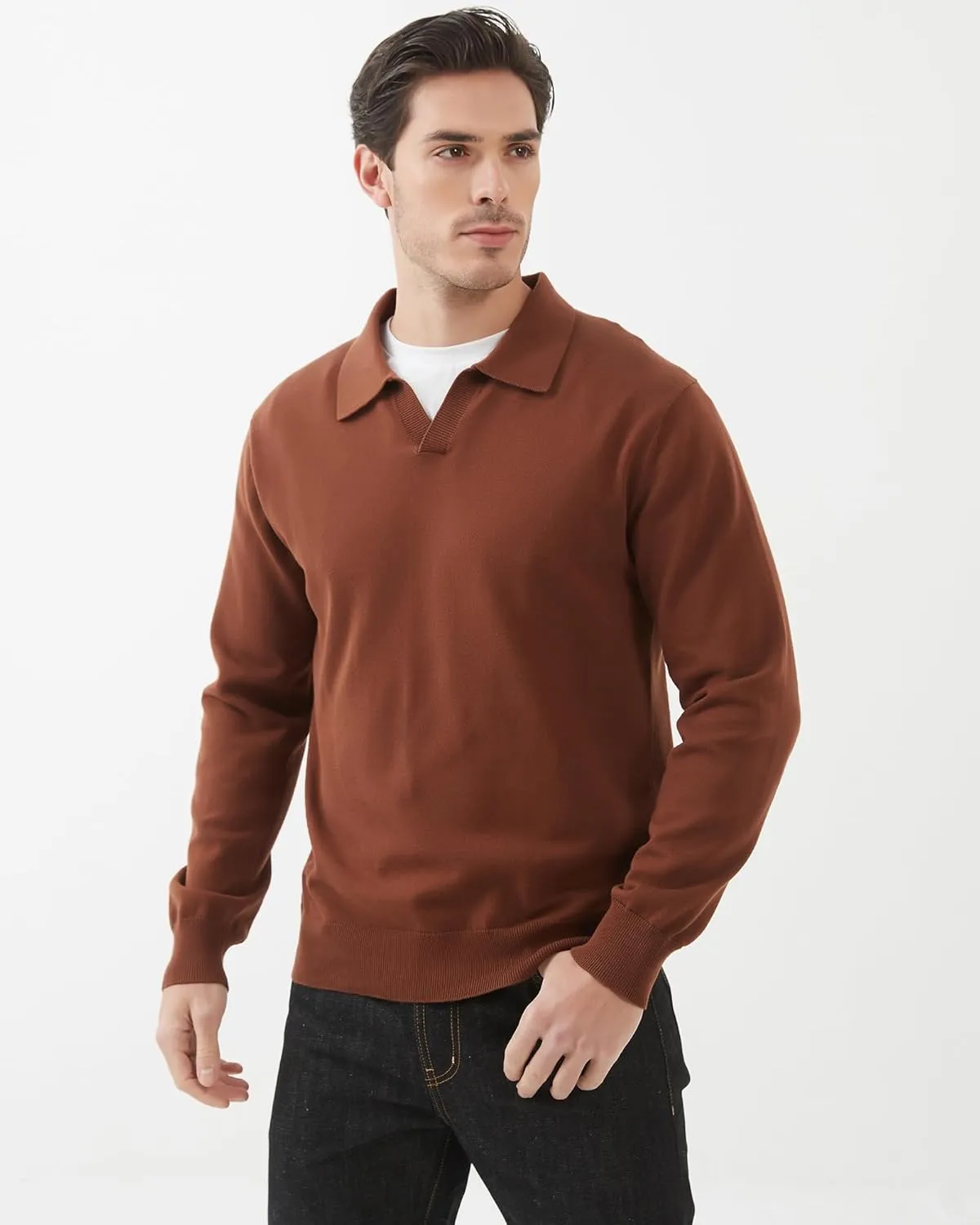 Kallspin Men's Knit Polo Sweater Regular Fit V Neck Cotton Long Sleeve Soft Classic Sweater Pullover