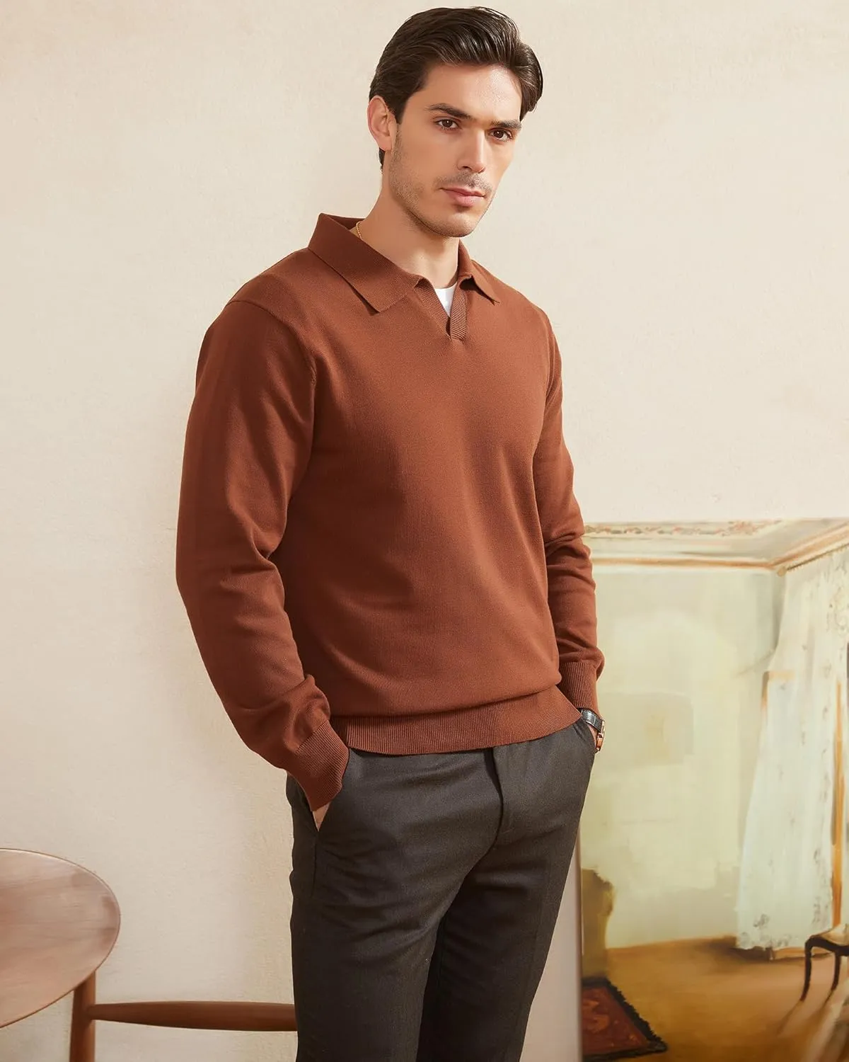 Kallspin Men's Knit Polo Sweater Regular Fit V Neck Cotton Long Sleeve Soft Classic Sweater Pullover