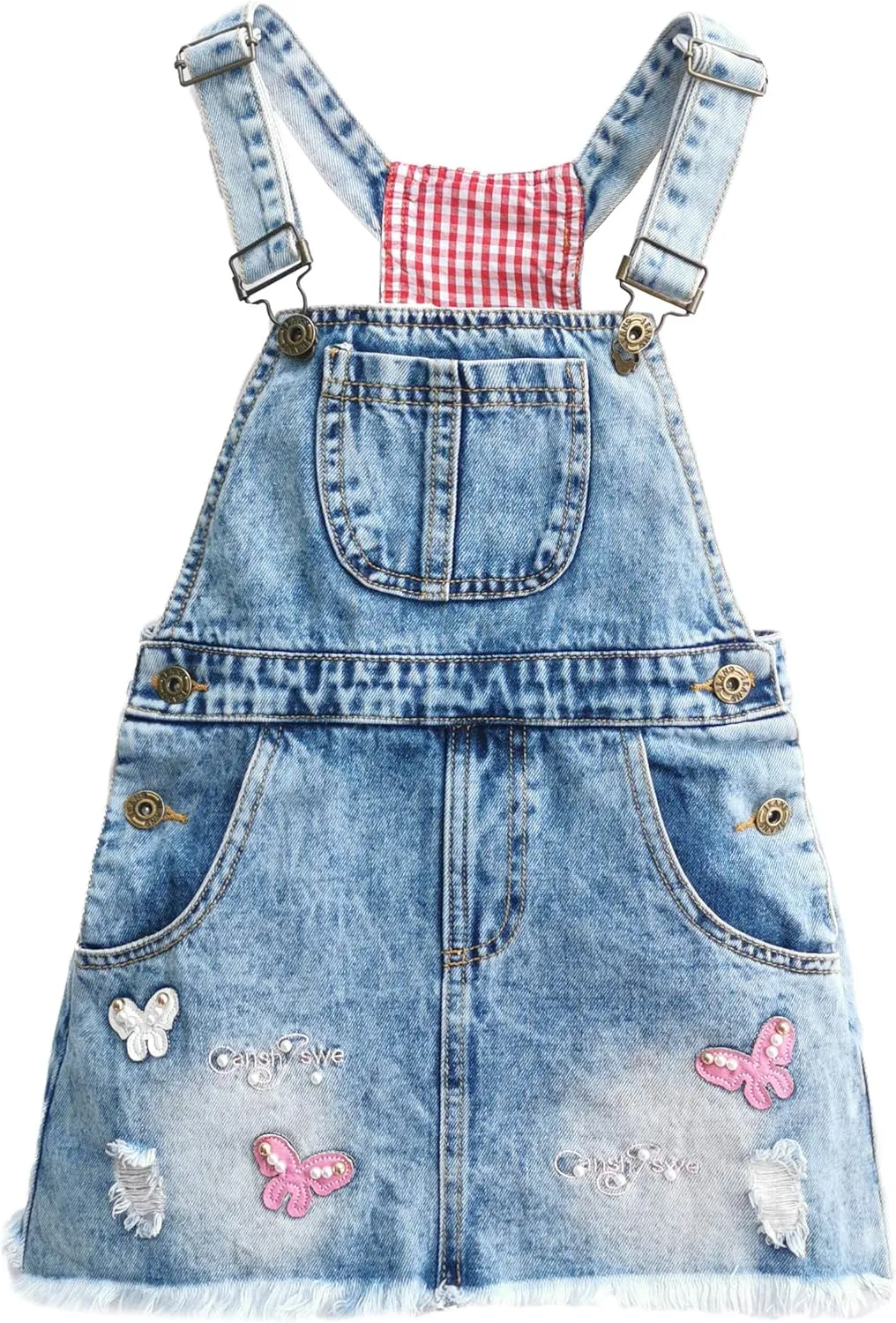 KIDSCOOL SPACE Girls Shimmering Powder Ripped Patchwork Raw Edge Cute Jeans Overalls Dresses,Light Blue,5-6 Years