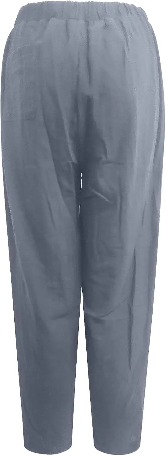 Linen Harem Pants for Women Summer Light Weight Quick Dry Pants Loose Wide Leg Trousers Pocket Elastic Waist Pants