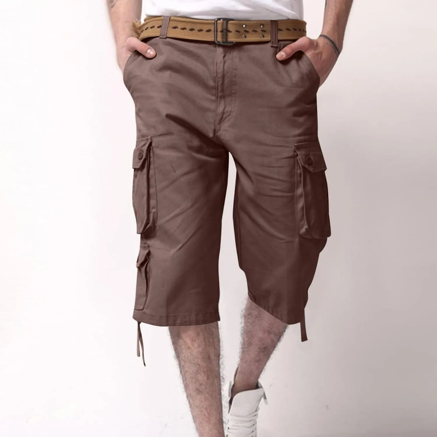 Mens Cargo 3/4 Pants Plus Size Soft Stretchy Outdoor Drawstring Work Pants Quick Dry Capri Pants Trousers for Gym