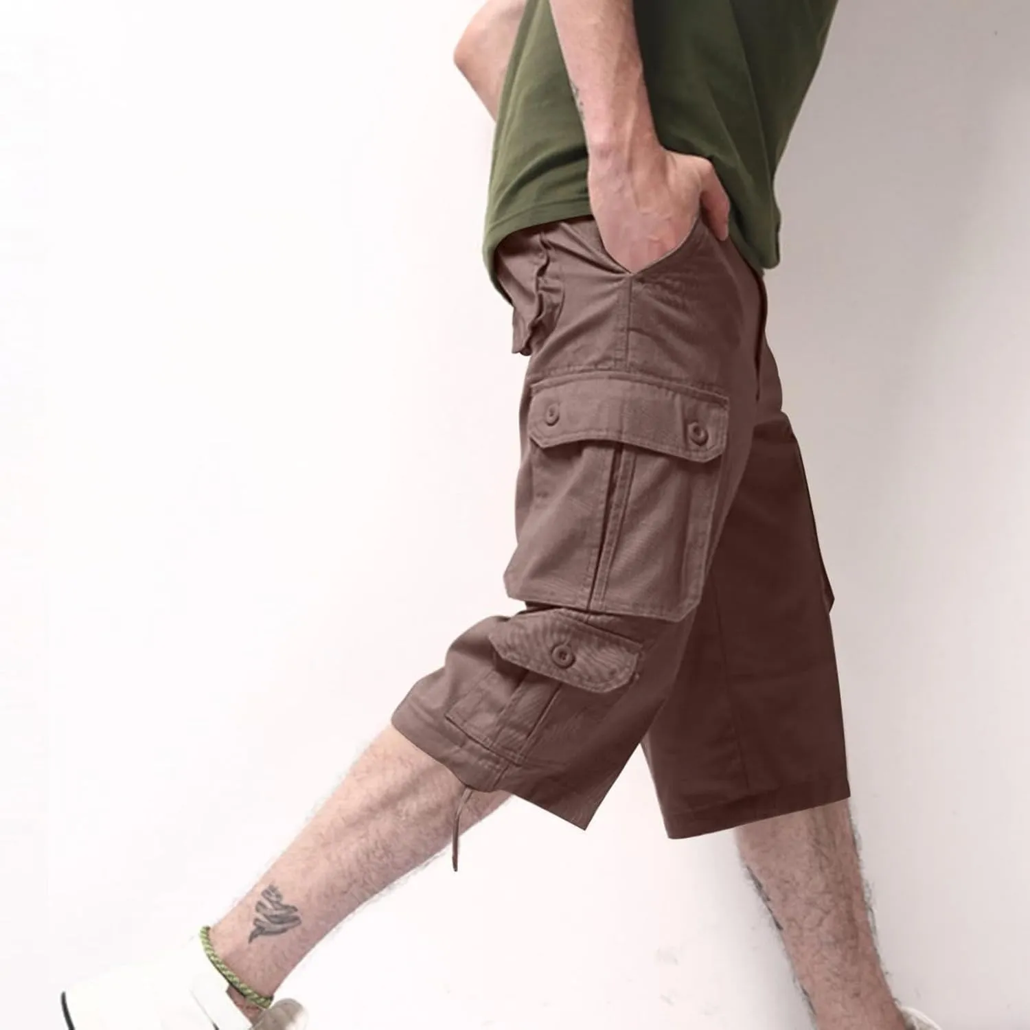 Mens Cargo 3/4 Pants Plus Size Soft Stretchy Outdoor Drawstring Work Pants Quick Dry Capri Pants Trousers for Gym