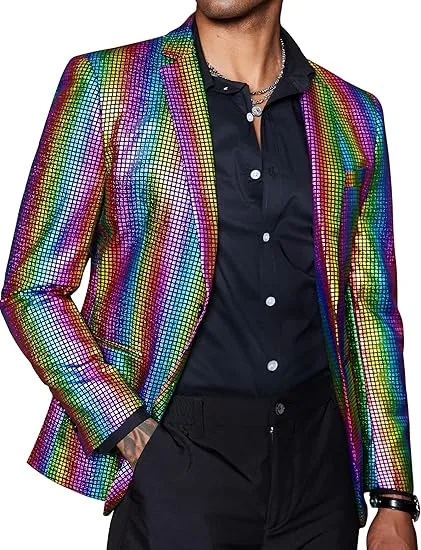 Men's Chic Patterned Silver Plaid Metallic Blazer
