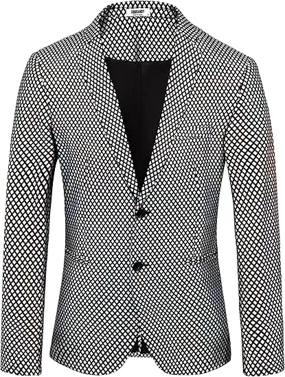 Men's Chic Patterned Silver Plaid Metallic Blazer