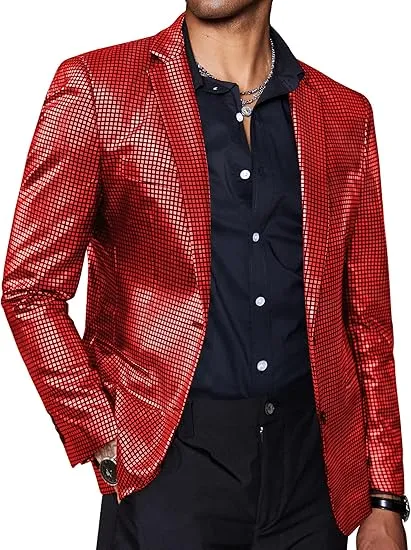 Men's Chic Patterned Silver Plaid Metallic Blazer