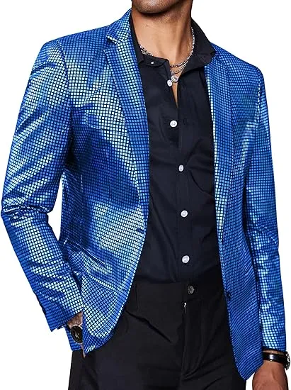 Men's Chic Patterned Silver Plaid Metallic Blazer
