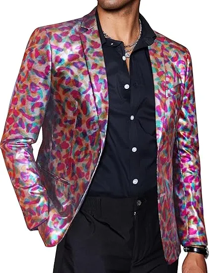 Men's Chic Patterned Silver Plaid Metallic Blazer