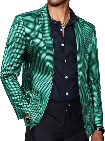 Men's Chic Patterned Silver Plaid Metallic Blazer