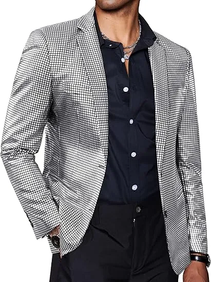 Men's Chic Patterned Silver Plaid Metallic Blazer