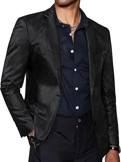Men's Chic Patterned Silver Plaid Metallic Blazer