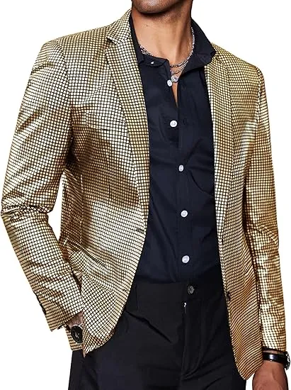 Men's Chic Patterned Silver Plaid Metallic Blazer