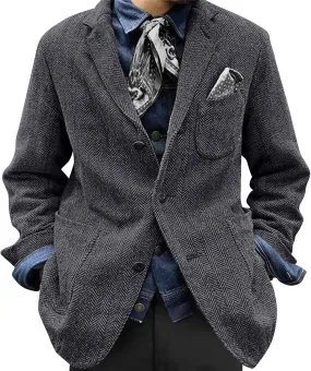Mens Herringbone Suit Blazer Retro Vintage Slim Fit Tweed Jacket Three Button Chic Sport Coat Wedding