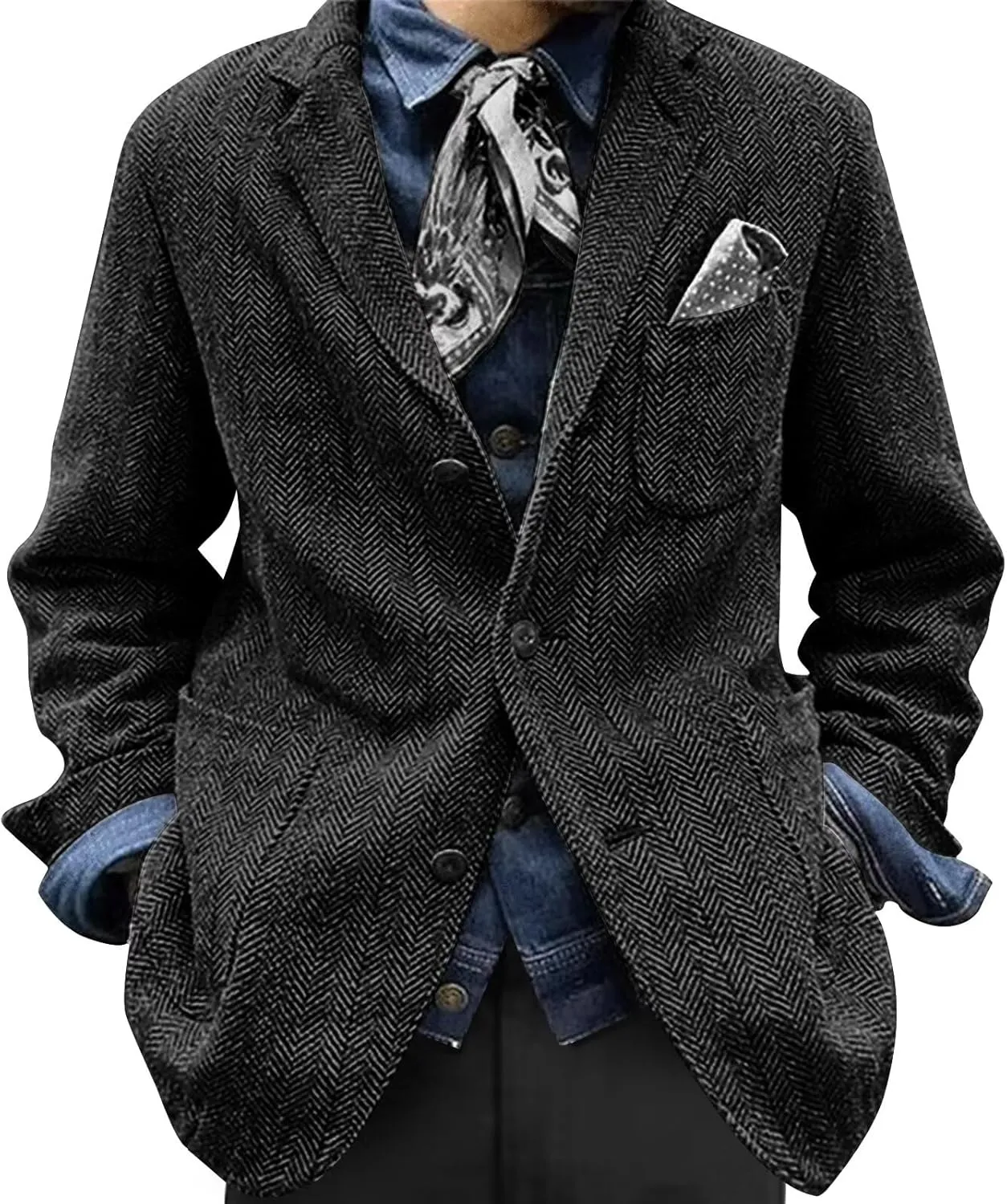 Mens Herringbone Suit Blazer Retro Vintage Slim Fit Tweed Jacket Three Button Chic Sport Coat Wedding