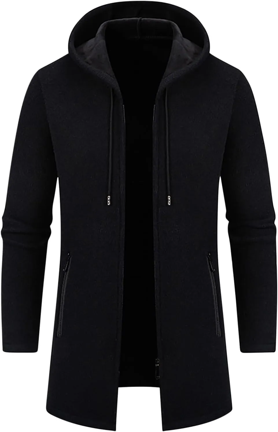 Men's Long Wool Overcoat Winter Thermal Jackets Comfy Fleece Lined Full Zip up Coats Soild Trench Coat with Pockets