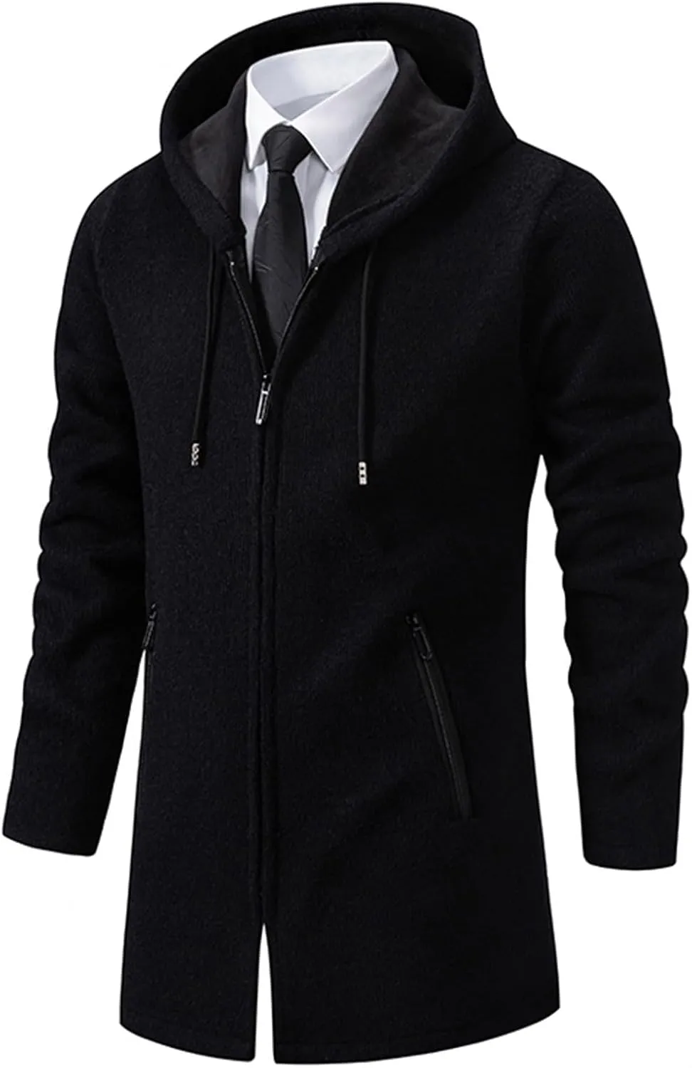 Men's Long Wool Overcoat Winter Thermal Jackets Comfy Fleece Lined Full Zip up Coats Soild Trench Coat with Pockets