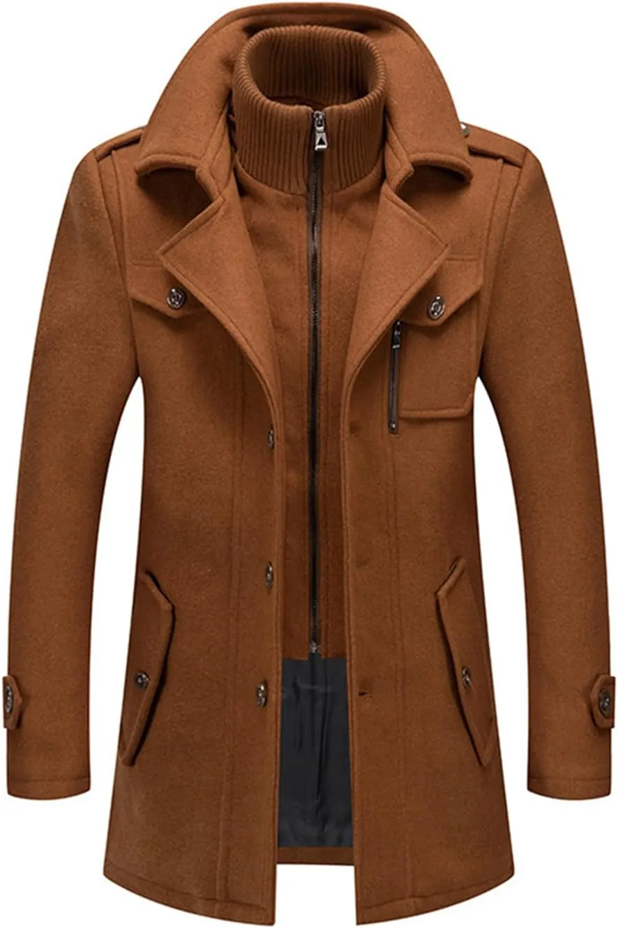 Mens Trench Coat Wool Blend Layered Collar Classic Stylish Business Overcoat Warm Winter Trench Pea Coats Lapel Plain