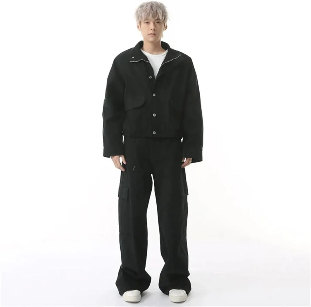 Men's Two-Piece Turn-Down Collar Solid Color Single Breasted Denim Jackets Straight Leg Machete Pants