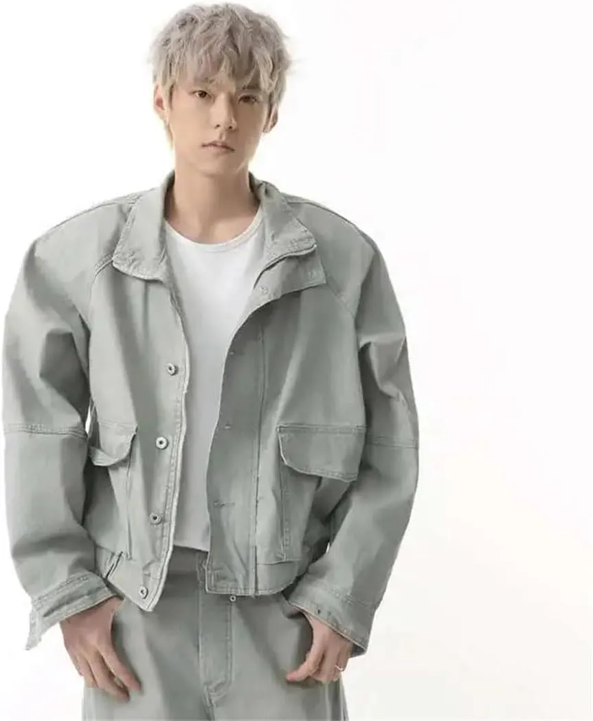 Men's Two-Piece Turn-Down Collar Solid Color Single Breasted Denim Jackets Straight Leg Machete Pants